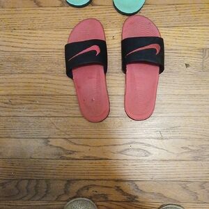 Nike Black and Pink Slide Sandals